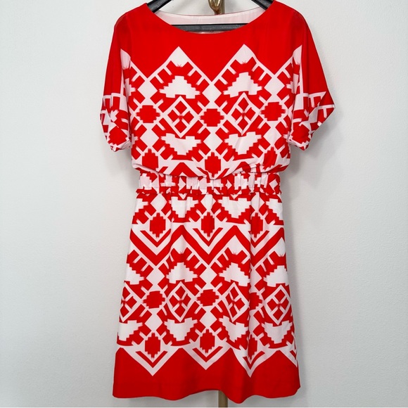 NWOT Eliza J Aztec Pattern Round Neck Batwing Sleeve Pleated Waist Shift Dress 4 - Picture 2 of 12